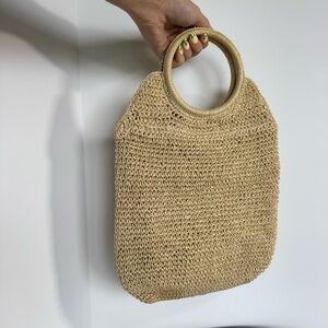 Vintage Woven Straw Tan Beige Brown Purse Bag Ring Handled